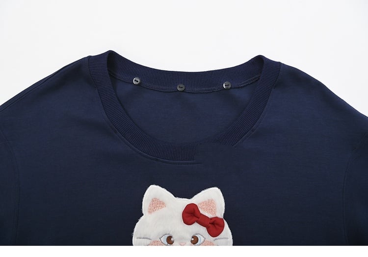 Kitty Embroidery Applique Navy Blue Sweatshirt with Detachable Red Plaid Collar