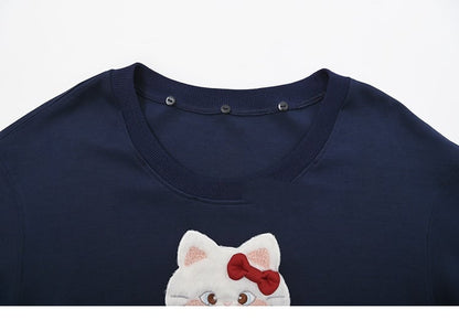 Kitty Embroidery Applique Navy Blue Sweatshirt with Detachable Red Plaid Collar
