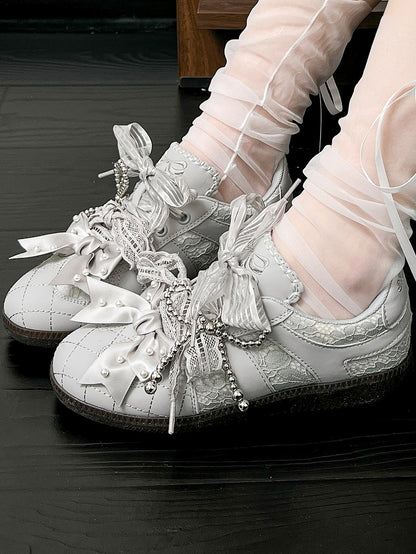 Gray Beaded Decorated Bow at Top Lace Front Lace-up Ties Sneakers