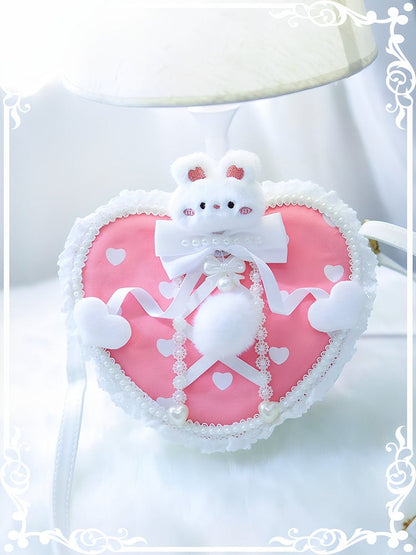Pink Heart Pattern Beaded Decorated Plush Bunny Design Heart-shaped Crossbody Bag With Pompon