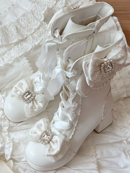 Delicate Bow, Elegant Lacing & Inner Side Zipper PU White Boots in Sweet Lolita
