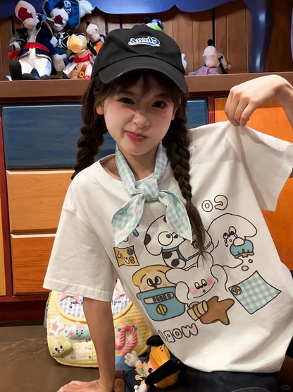 Adorable Animal Print White Round Neck Loose Cotton T-shirt