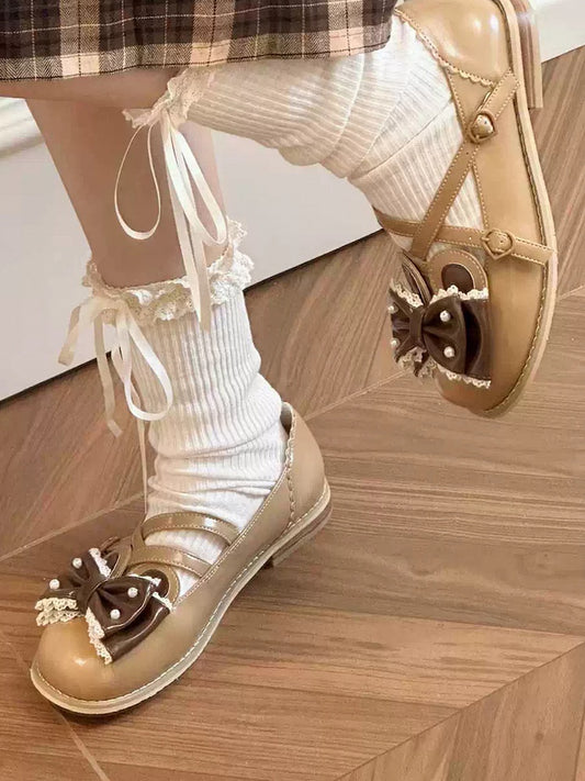 Brown Beaded Decorated Bow at Top Crisscross Design Bunny Ear Lolita Shoes