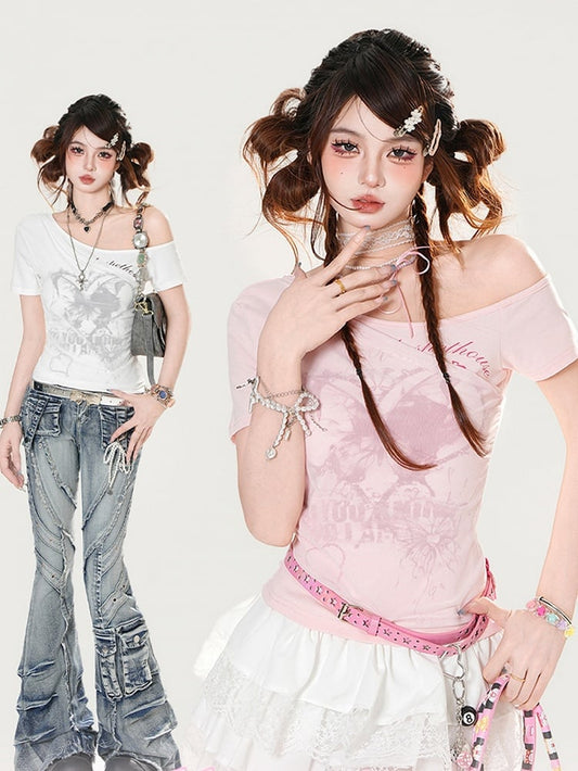 Asymmetrical Neckline Butterfly Print White/Pink Slim-fitting T-shirt