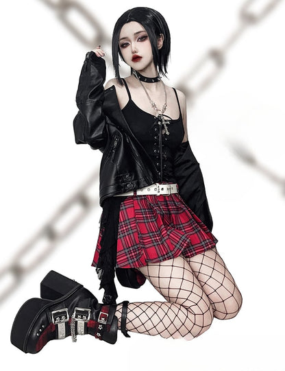 Black & Red Punk Rectangle Metal Plates Buckle Straps Platform High Block Heels with Studs and Chain