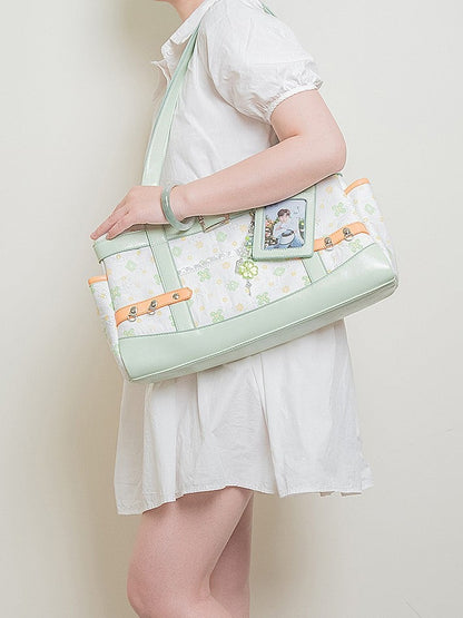 Green & White Clover-Themed Large Capacity Tote Ita Bag with Strap Accents And Detachable Ita Card Holder