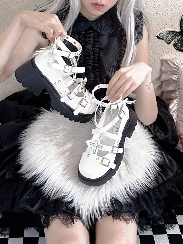 Silver-tone Studs Cross White Platform Chunky Heels Punk Shoes