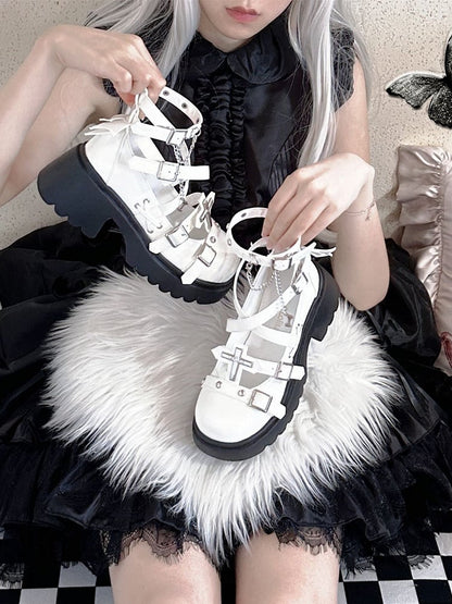 Silver-tone Studs Cross White Platform Chunky Heels Punk Shoes