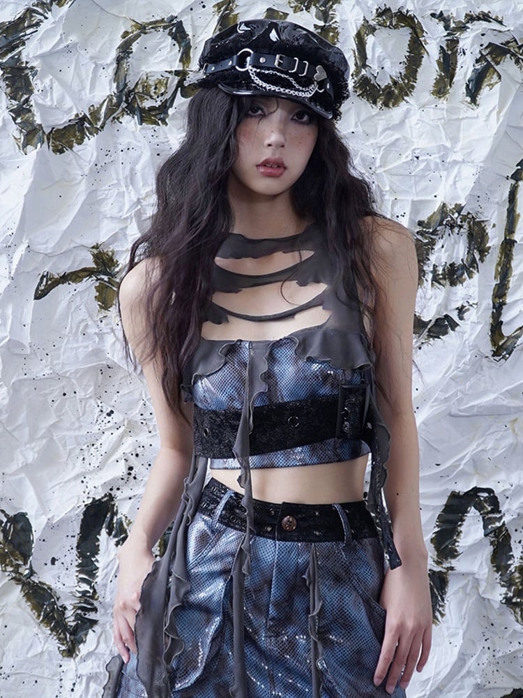 Wasteland Punk Distressed Holes Navy Blue PU Top Tassel Design