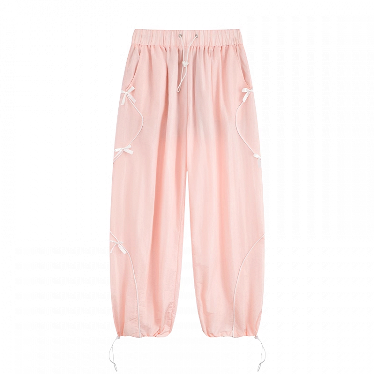 Pink Drawstring Waist and Cuffs Bowknot Details Wide-leg Casual Pants