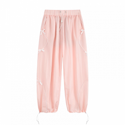 Pink Drawstring Waist and Cuffs Bowknot Details Wide-leg Casual Pants
