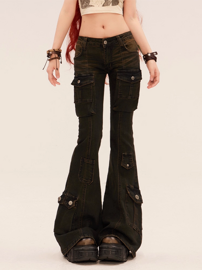 Black Low Rise Cargo Pockets Flared Jeans
