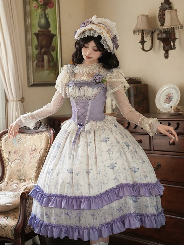 Iris Print Purple Boned Corset Bodice Floral Dress Classic Lolita JSK Full Set