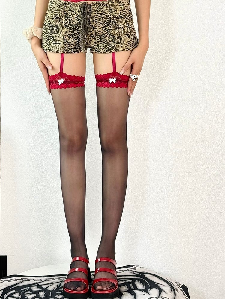 4 Color Options Heart Pattern Bowknot Decorated Suspender Stockings