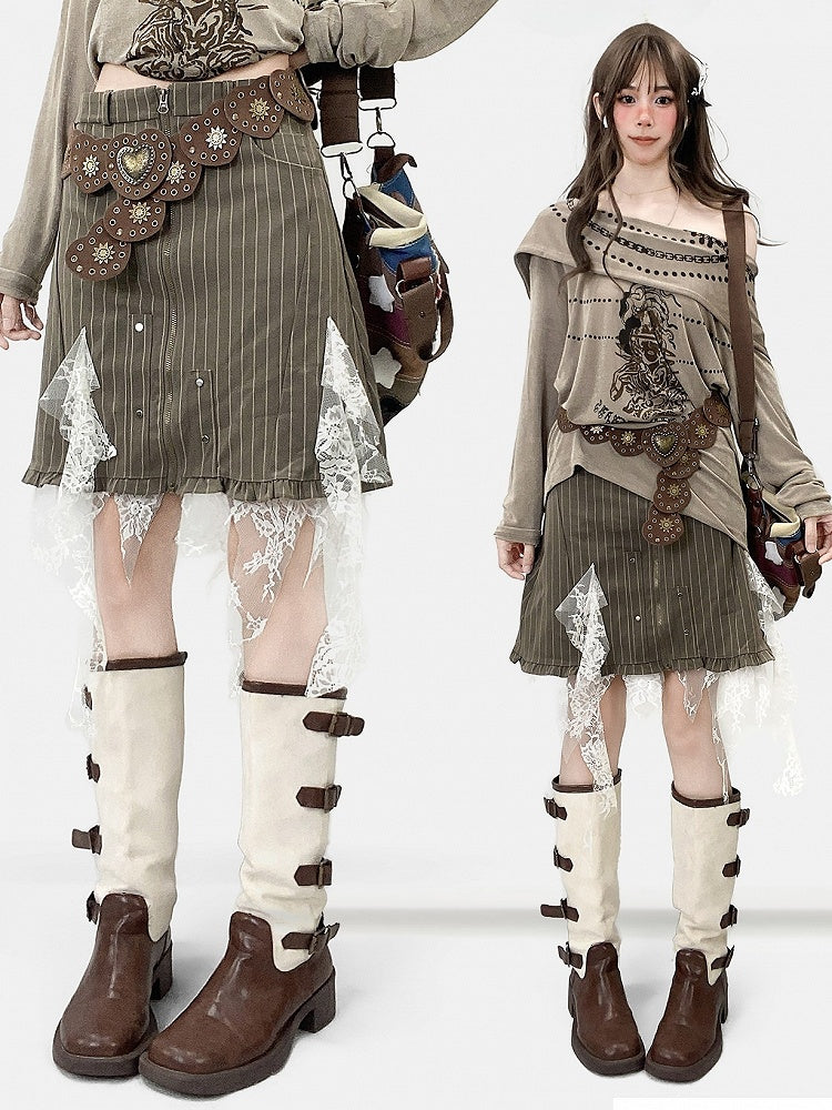 Army Green Millard Fashion Striped Pattern Contrast Lace Patches Cascading Ruffle Accents Skirt