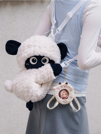 Cute Little Lamb White&Black Plush Backpack/Crossbody Bag + Keychain