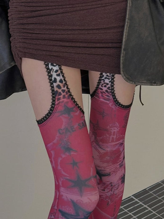 Red 100D/20D Star Leopard Print Lace Trim Suspender Tights
