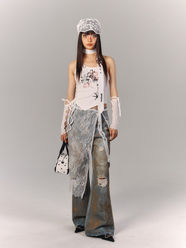 Clearance-Size S Bust for 68cm Cross Applique White Halter Neck Top Lace-up Detail