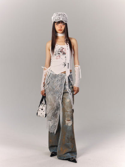 Clearance-Size S Bust for 68cm Cross Applique White Halter Neck Top Lace-up Detail