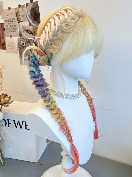 Yellow Braided Synthetic Wig With Curtain Bangs + Double Rainbow Ponytails