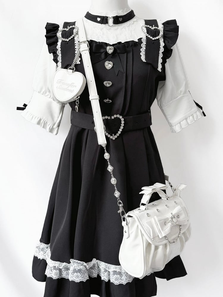 Detachable Rhinestone Strap & Crown-Embellished Bow Accent White Hand/Crossbody Bag in Jirai Kei
