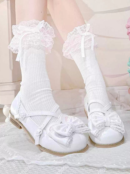 White Beaded Decorated Bow at Top Crisscross Design Bunny Ear Lolita Shoes
