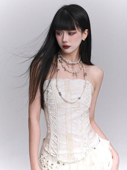 Beige Cross Lace Applique Lace-up Strapless Top / Asymmetrical Hem Tiered Skirt