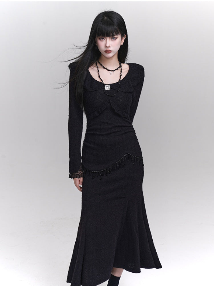 Black Round Neck Bead Details Slim-fitting Mermaid Dress