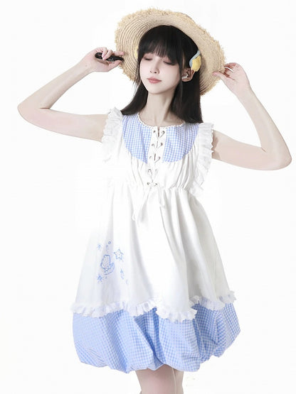 Seashell and Starfish Embroidery White and Blue Plaid Flutter Sleeves Dress Bubble Skirt