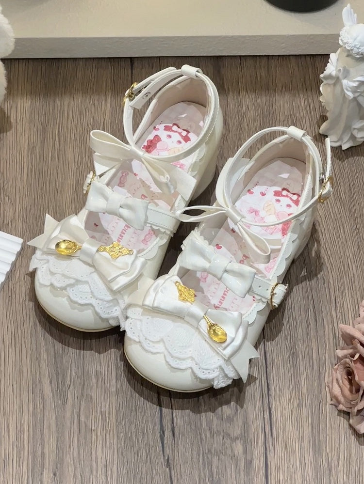 White Spoon Decorated Bowknot Details Sweet Lolita High Block Heels