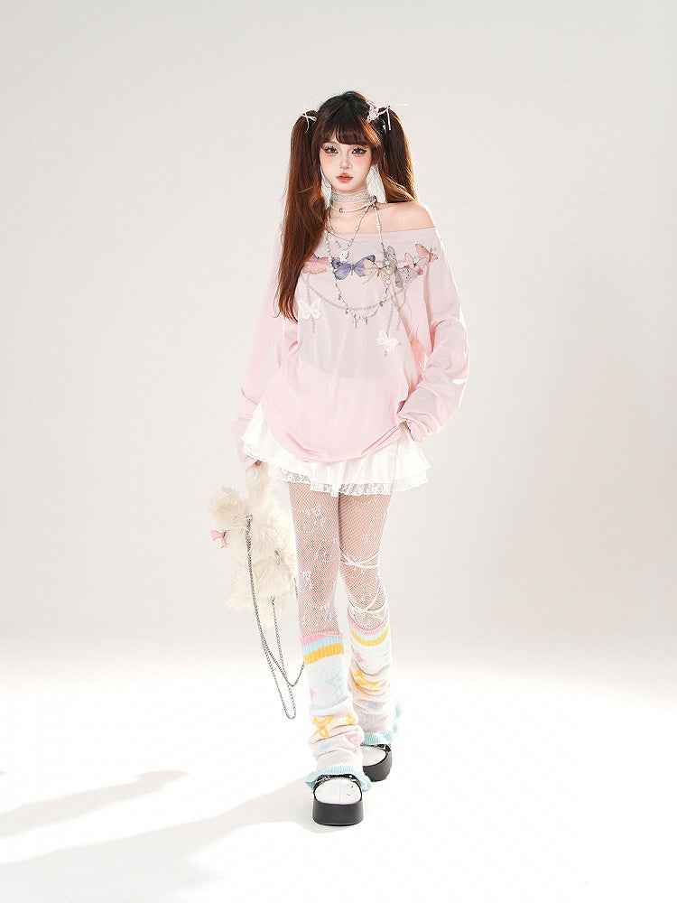 Butterfly-shaped Cutout Detail Back White/Pink Asymmetrical Neckline Top