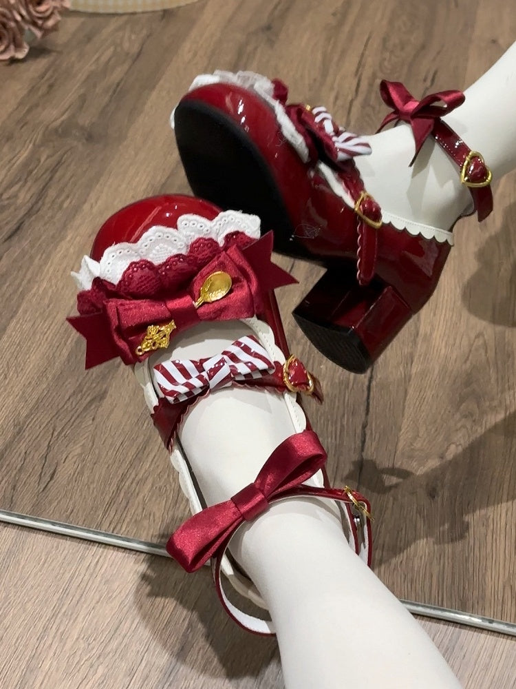 Wine Red Spoon Decorated Bowknot Details Sweet Lolita High Block Heels