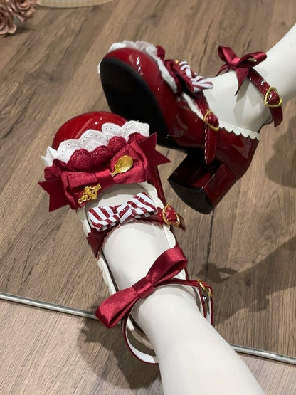 Wine Red Spoon Decorated Bowknot Details Sweet Lolita High Block Heels