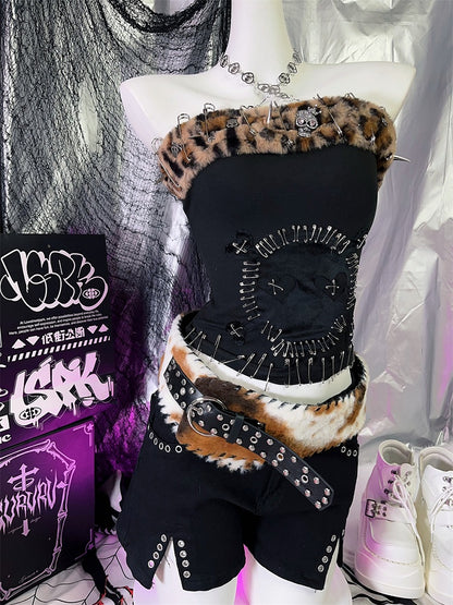 Clearance - Black Studs and Rings Plush Buckle Belt