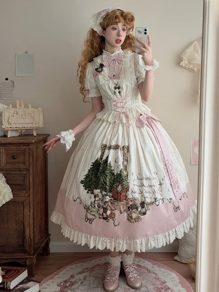 Plus Sizes Available Creamy Short Sleeves Blouse + Little Grils and Toys Print Skirt Set