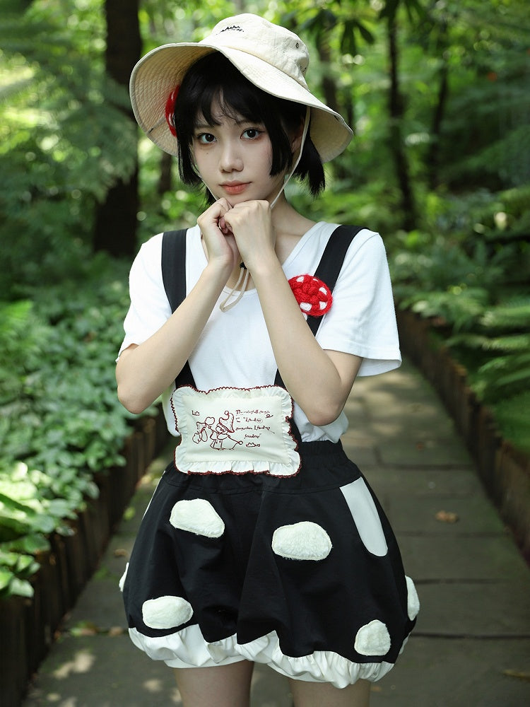 Fleece White Spot Applique Black Sweet Lolita Mushroom Bubble Short with Detachable Straps