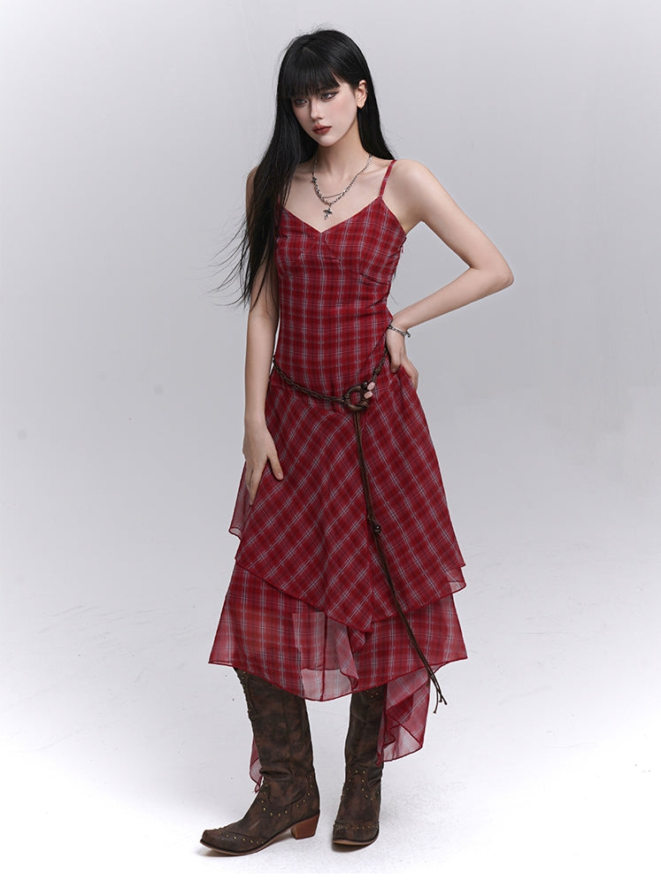 Red Plaid V-Neck Handkerchief Hem Cami Dress