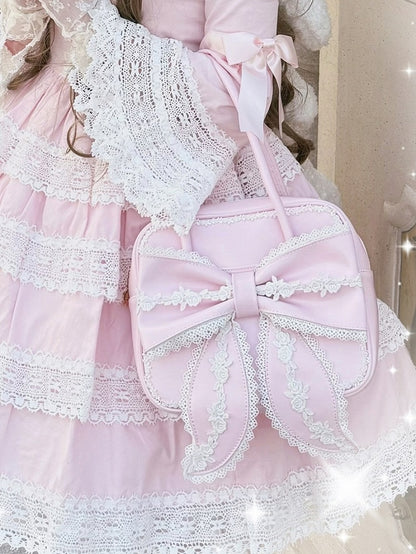 Old School Lolita Square Pink PU Shoulder Bag with Lace Details and Bow