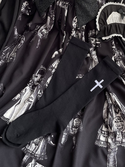 White/Black Cross Print Lolita Calf Socks