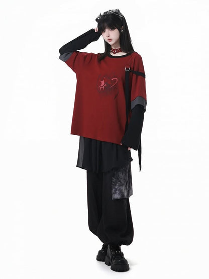 Red and Black Cheongsam Style Graphic Top with Detachable Sleeves