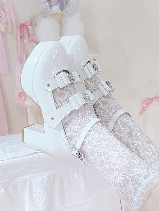 Buckle Ankle Strap Polished White Rhinestoned Bowknots Jirai Kei Platform High Heels
