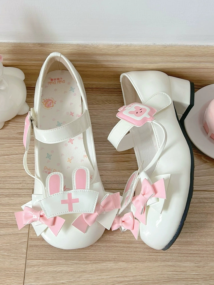 Medical Rabbit Themed White Mary Janes in PU - Low-heel Design, Nurse Cap with Rabbit Ears & Magic Tape