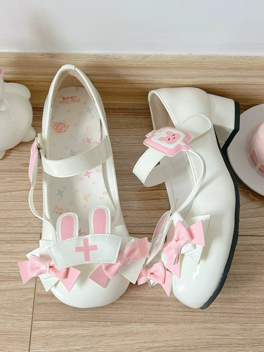 Medical Rabbit Themed White Mary Janes in PU - Low-heel Design, Nurse Cap with Rabbit Ears & Magic Tape
