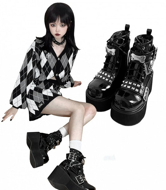 Punk Polished Black Platform Ankle Boots Silver-tone Studs