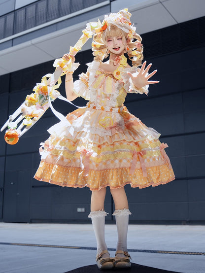 Orange Persimmon Cake Bow Accents Tiered Skirt Sweet Lolita Dress