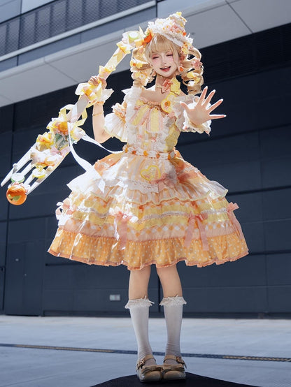 Orange Persimmon Cake Bow Accents Tiered Skirt Sweet Lolita JSK Full Set