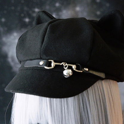 Black Gothic Bell Charm Buckle Design Cat Ear Beret Hat