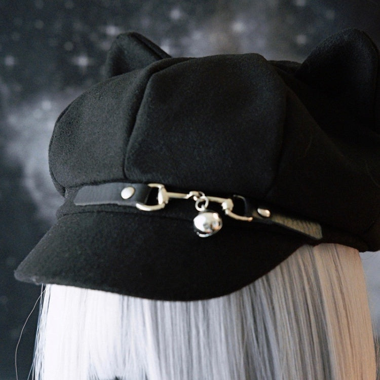 Black Gothic Bell Charm Buckle Design Cat Ear Beret Hat