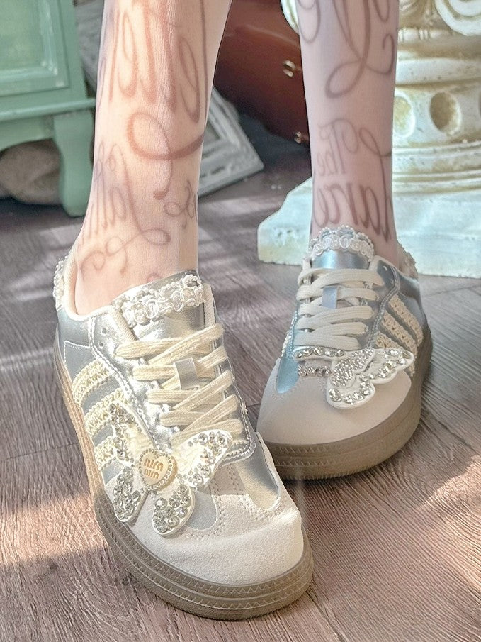 Beads and Rhinestones Detail Silver Butterfly Decorated Sneakers