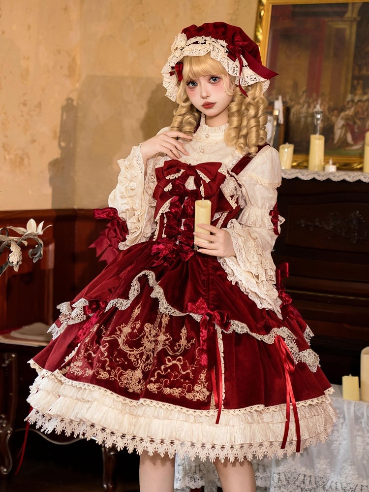 Bows Decoration Candle Embroidery Red Velvet Dress Lolita JSK / Set